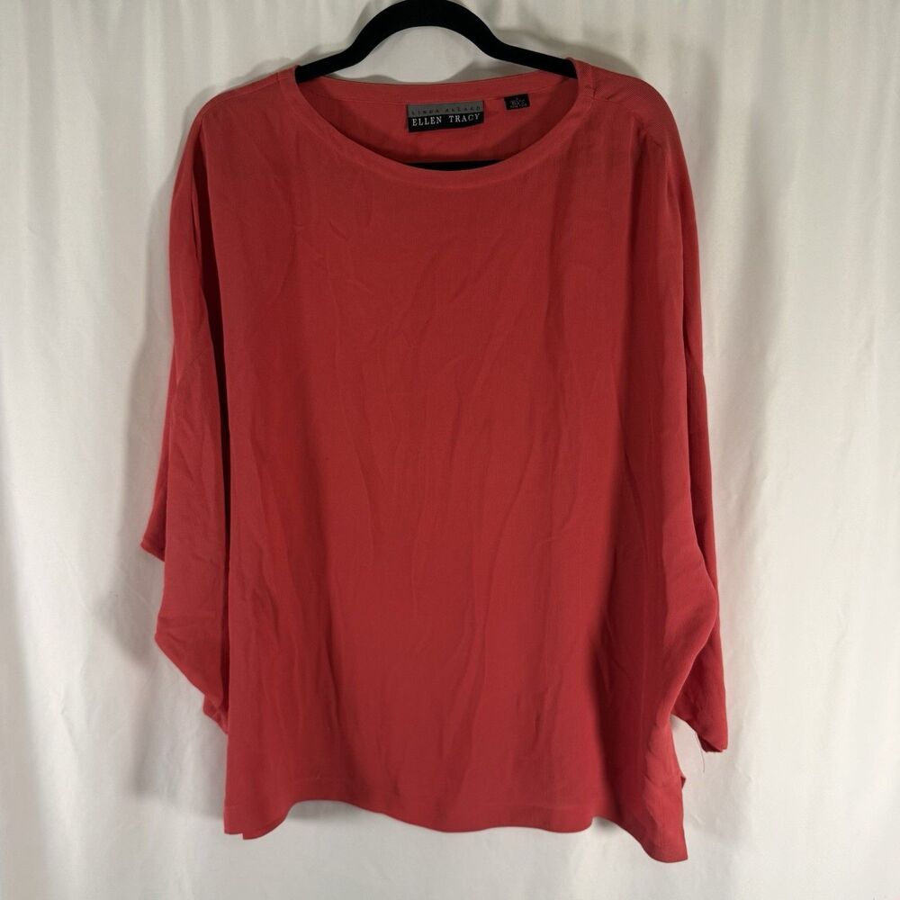 Ellen Tracy 100% Silk Blouse Women's 4 Pink Round Neck 3/4 Sleeve Pullover